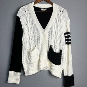 Elan Open Knit Black & White Color Block Sweater Cardigan Button Up Pockets Sz M